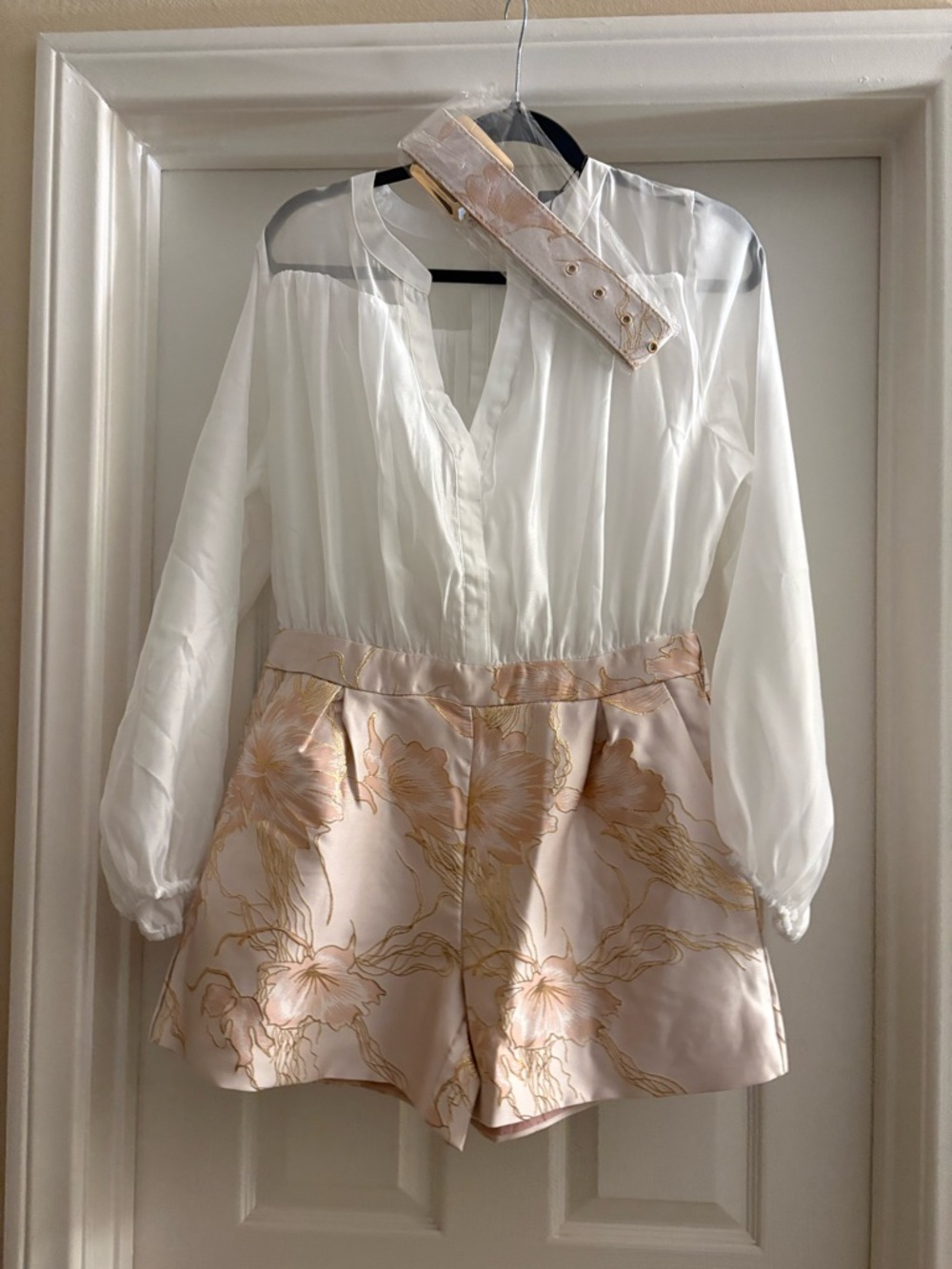 Fashion Nova White Sheer Button-Up Blouse romper with belt
